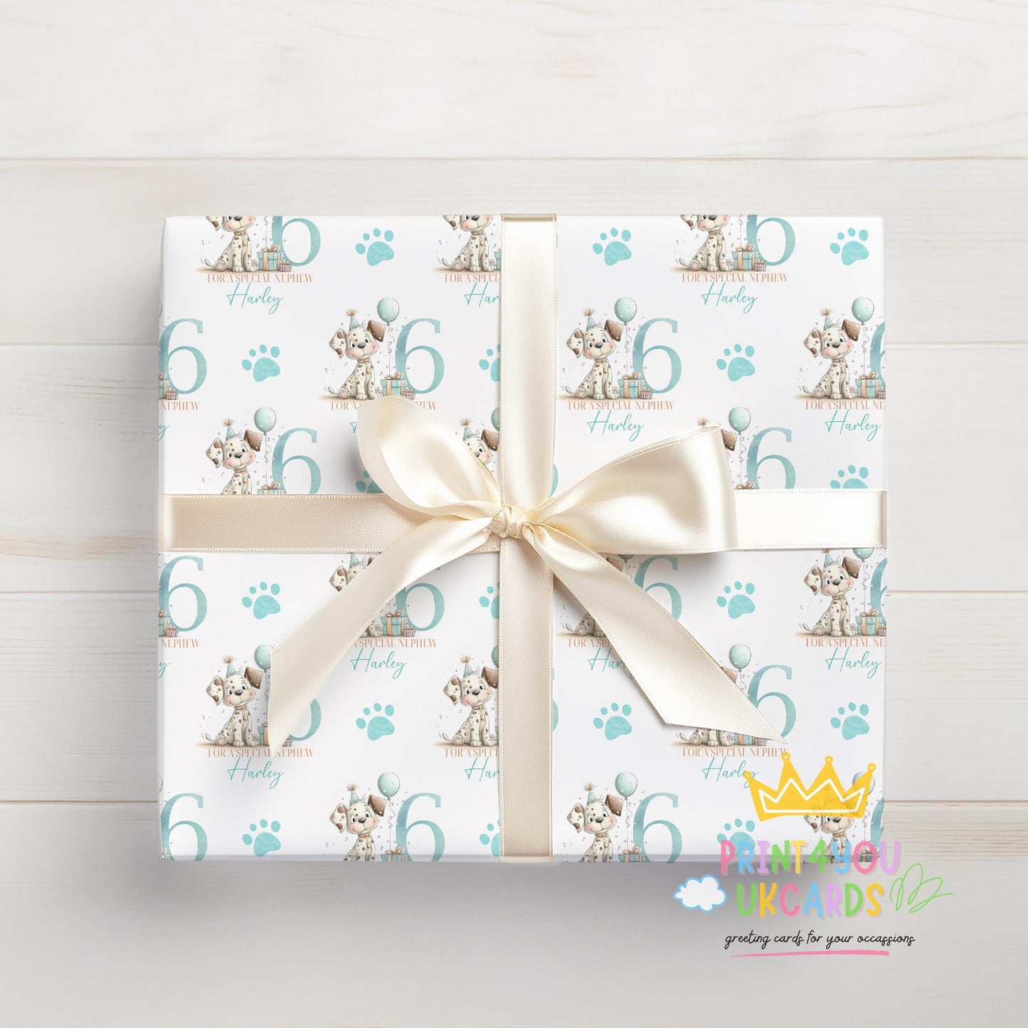 Personalised puppy wrapping paper sheet laid flat showing the full pattern