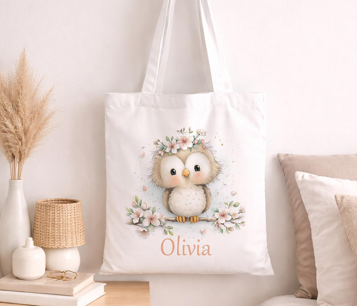 Soft cotton canvas baby tote bag printed with an owl and floral design, personalised with a baby's name