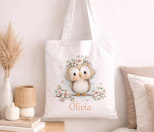 Personalised Owl Tote Bag – Baby Cotton Tote With Floral Design & Custom Name
