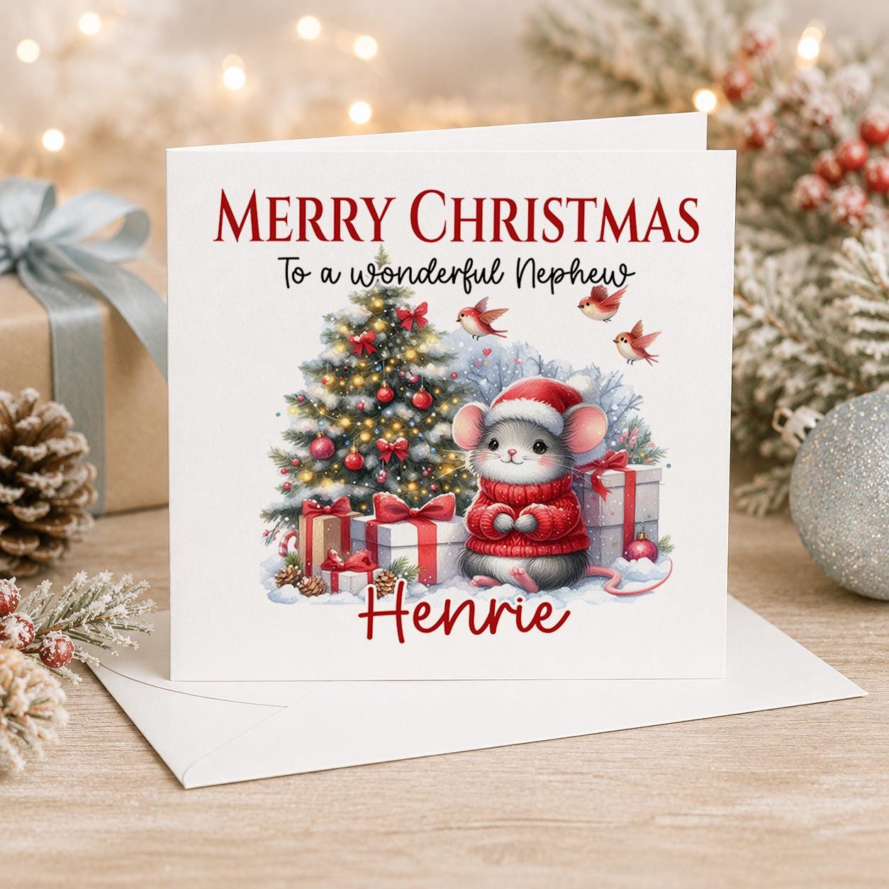 Personalised Christmas card, white 6x6 inch square card printed with a decorated Christmas tree, a mouse in a red jumper and a name