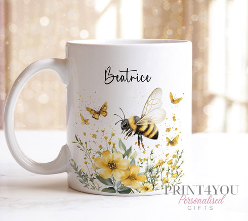 Personalised Bumble Bee Mug and Coaster Set on Wild Flowers Thoughtful Gift Idea