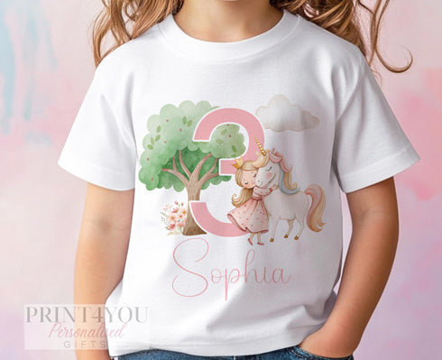 Personalised Unicorn Birthday T-Shirt for Girls | Pink Unicorn Age Tee | DTG Cotton Birthday Top | 6m-10yrs | Party Outfit