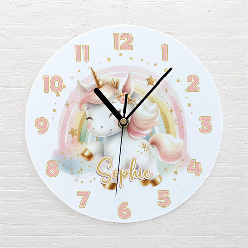 Personalised Unicorn Rainbow Acrylic Clock for Kids - Ideal New Baby Gift 24.5cm Wides