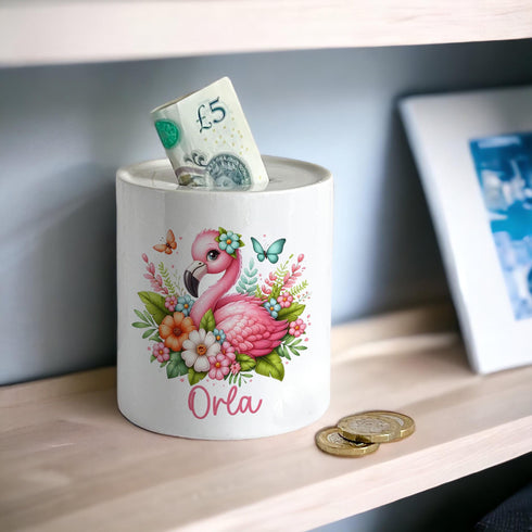 Personalised Ceramic White Money Box Coin Bank - Tropical Pink Flamingo and name