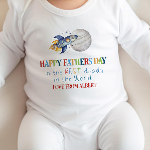 First Father’s Day Baby Gift – Personalised Rocket & Moon Bodysuit, Vest, Bib or T-Shirt – DTG Printed Soft Cotton