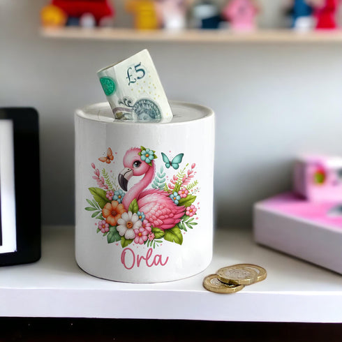 Personalised Ceramic White Money Box Coin Bank - Tropical Pink Flamingo and name