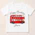 A white t-shirt with a red double-decker bus and various cartoon animal characters printed on it.