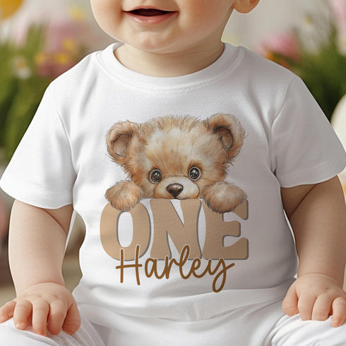 Personalised Teddy Bear Tshirt – Baby First Birthday Clothes – Custom Name Gift - Bib