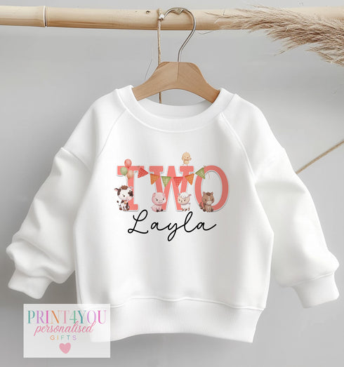 Personalised Second Birthday Jumper, Birthday Sweatshirt for Children, I am Pink, Blue Farm Animals Number 2 Jumper