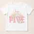 A white t-shirt with a pink unicorn and rainbow graphic, along with the text "Freya is FIVE" printed on it.