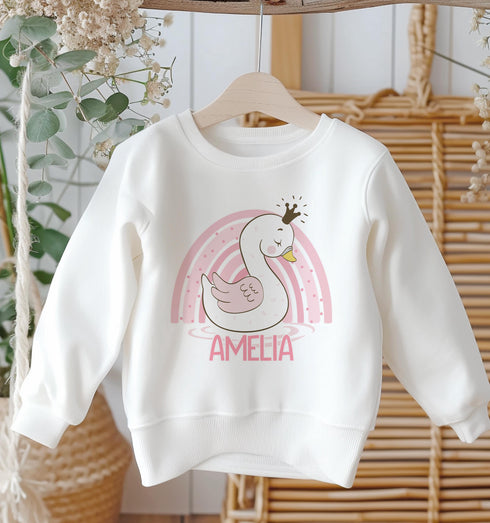 Personalised Sweatshirt Jumper For Children. White Cotton Sweatshirt - Pink Rainbow Swan and name