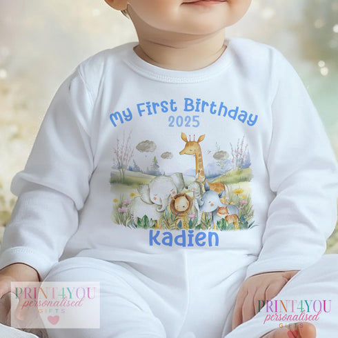 Personalised First Birthday Outfit β Safari Animal Design | Pink or Blue | T-Shirt, Vest, Sleepsuit, Bib or PJs β DTG Printed Baby Gift