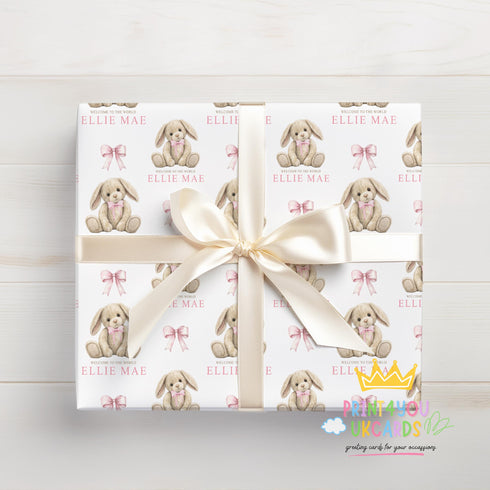 Personalised Baby Wrapping Paper - Custom Pink Bunny Teddy Gift Wrap For Newborn