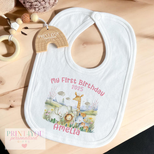 Personalised First Birthday Outfit β Safari Animal Design | Pink or Blue | T-Shirt, Vest, Sleepsuit, Bib or PJs β DTG Printed Baby Gift