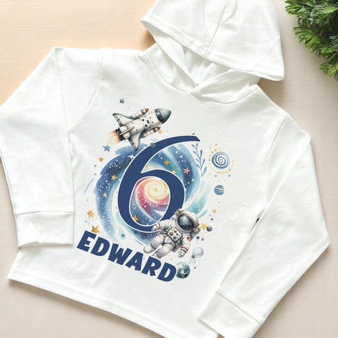 Birthday Space Astronaut Personalised Lightweight long-sleeved t-shirt with hood - Super Soft cotton jersey top, Numbers 1-5