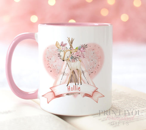 Personalised Christmas Mug – Boho Tribal Pink Trim Ceramic Coffee Cup Gift - White Mug