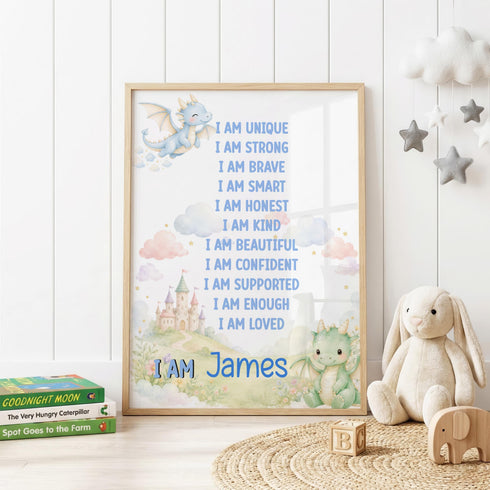 a framed poster with a list of personal qualities, including "I am unique", "I am strong", "I am brave", "I am smart", "I am honest", "I am kind", "I am beautiful", "I am confident", "I am supported", "I am enough", and "I am loved". The poster is displayed on a white wall, with a stuffed rabbit and a stack of books visible to the left.