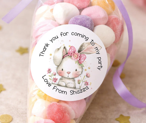Personalised Bunny Stickers – Cute Rabbit Party Labels – Custom Name Glossy 5cm Seals - Strips (5cm each)