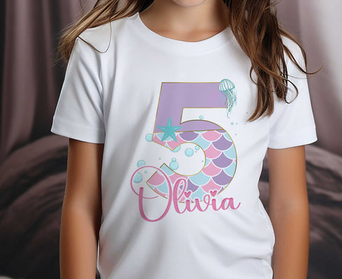 Personalized Mermaid Birthday T-Shirt for Any Age - Custom Cotton White Top