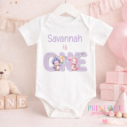 Personalised 1st Birthday Outfit – Purple Dinosaur Cake Smash Baby Girl Top