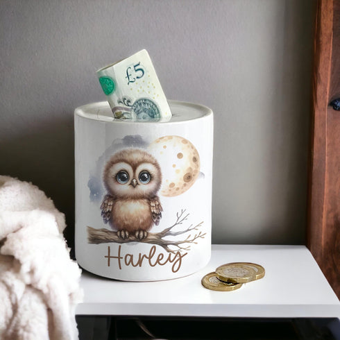 Personalised Ceramic White Money Box Coin Bank - Owl and Moon with name