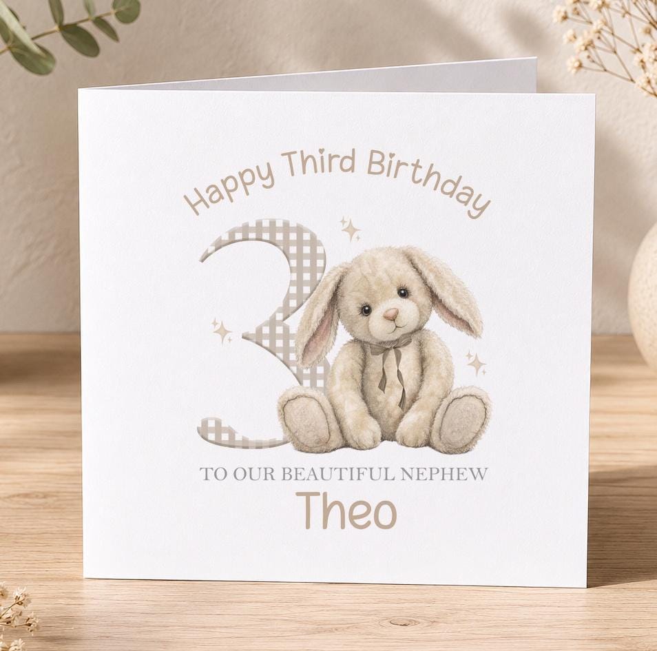 Personalised bunny birthday card, white 6x6 inch square card printed with a grey watercolour bunny, a large age number, a relation and a name