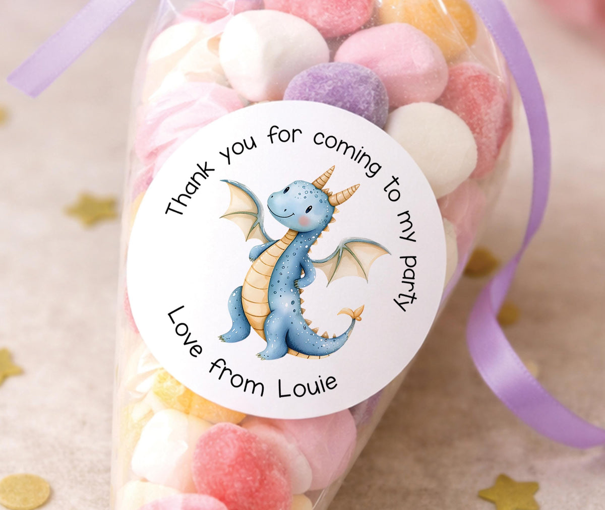 Sheet of glossy round dragon birthday stickers in bright party colours, ready to be personalised with a child's name.