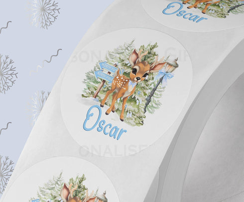 Personalised Xmas Blue Baby Reindeer Sticker| Christmas White Gloss 5cm Stickers | Perfect for Christmas Party Bags, Gift Wrapping.