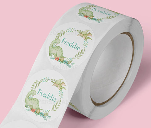 Personalised Dinosaur Wreath Text Stickers - ideal for party bags, sweet cones and presents. 5cm High Gloss Waterproof