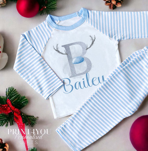 Personalised Blue & White Striped Children's Christmas Pyjamas - Antler Alphabet