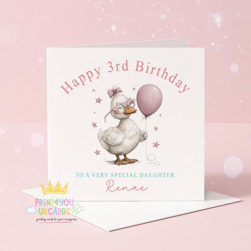 Personalised Duck Birthday Card – Cute 6x6 Inch Pink Balloon Design - Front Only
