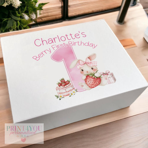 Personalised Keepsake Box for Babys First Year - White Card with Magnetic Closure Perfect for Berry First Birthday