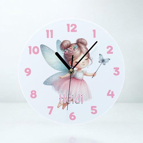 Personalised Childrens Acrylic Clock Pink Fairy Design Ideal New Baby Gift 24.5cm for Girls Bedroom