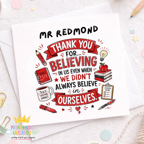Personalised teacher thank you card with name, red school themed design with books apple pencil, heartfelt end of term thank you card for male teacher