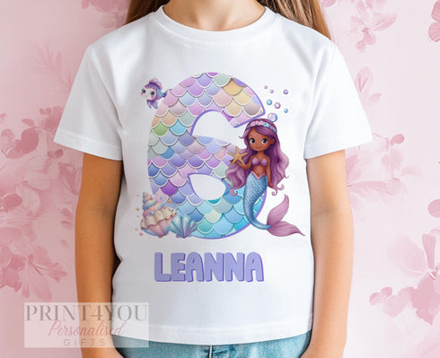 Personalised Mermaid Birthday T-Shirt for Girls – Any Name & Age – DTG Printed 100% Cotton – Under the Sea Party Outfit
