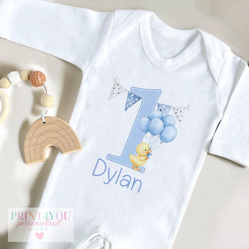Personalised First Birthday Outfit – Soft Cotton Babywear Blue Balloon Set
