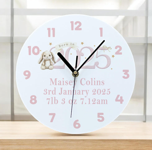 Personalised Acrylic Clock for New Baby Girl 245cm Bunny Rabbit Design Unique Nursery Decor Gift.