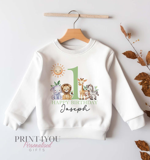 Personalised Jungle Safari Jumper for First Birthday - Adorable Sweatshirt in Blue Green or Pink