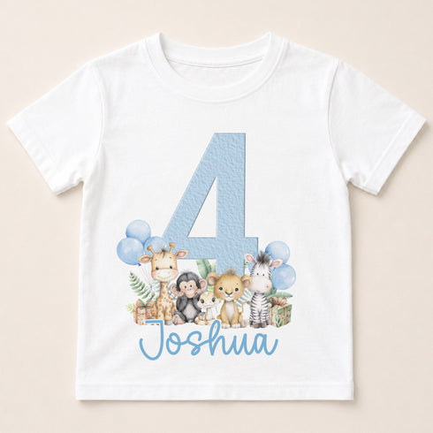 A white t-shirt with a blue number 4 and various animal illustrations, including a giraffe, monkey, zebra, and lion, along with the name "Joshua" written below.