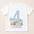A white t-shirt with a blue number 4 and various animal illustrations, including a giraffe, monkey, zebra, and lion, along with the name "Joshua" written below.