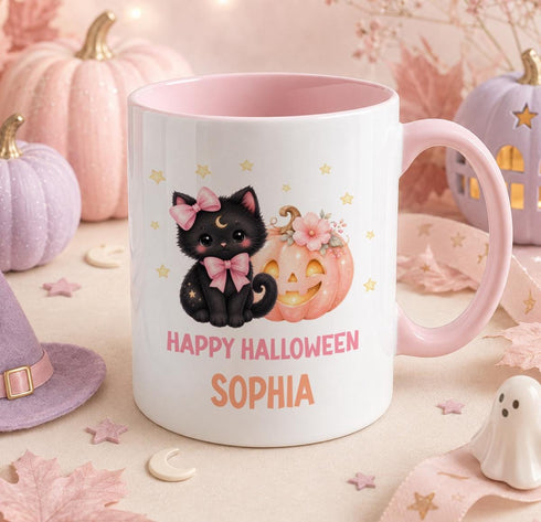 Personalised black kitten Halloween mug with pink bow and pumpkin, custom name cute cat coffee mug for Halloween lovers