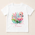 A white t-shirt with a pink flamingo and tropical leaves printed on it, along with the text "BIRTHDAY GIRL Florence" printed below.