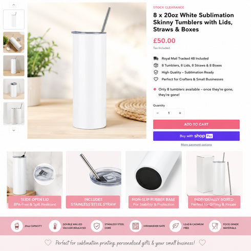 Product image showing white sublimation tumblers