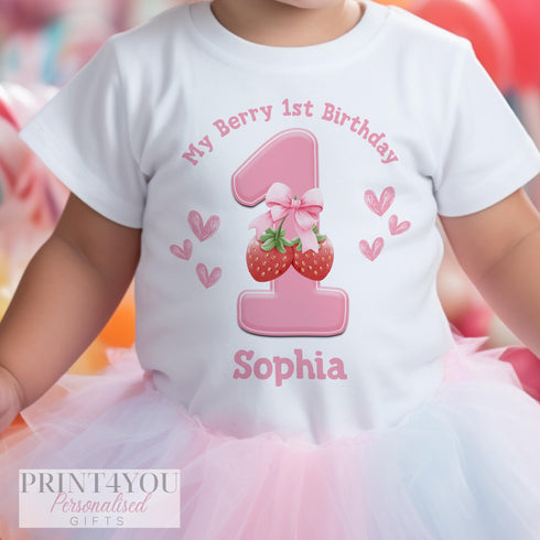 Personalised My Berry First Birthday | Berry 1st Birthday Baby T-Shirt | Pink Strawberry Birthday Outfit for Girls | Sleepsuit Vest and Bib