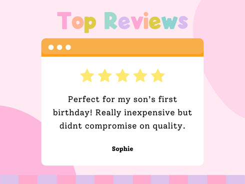 The image is a screenshot of a webpage with a review section. The review section contains a rating of 5 stars and a message about a birthday celebration. The review says that the celebration was really inexpensive but didn't compromise on quality. The name "Sophie" is mentioned in the review.