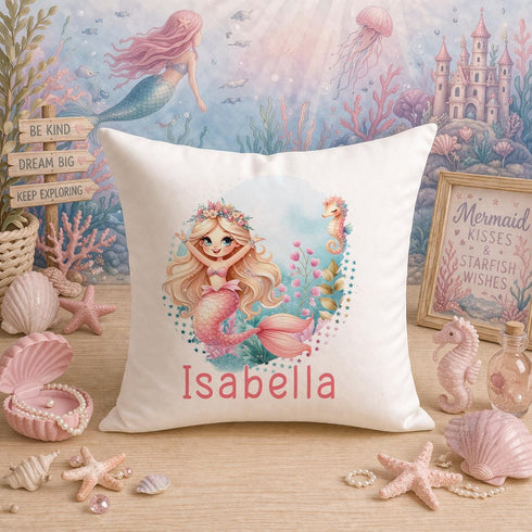 Personalised Mermaid Cushion – Custom Name Pillow – Under The Sea Nursery Decor - Cushion cover only