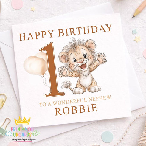 Personalised First Birthday Card – Lion Custom Name & Age 6x6 Inch Keepsake