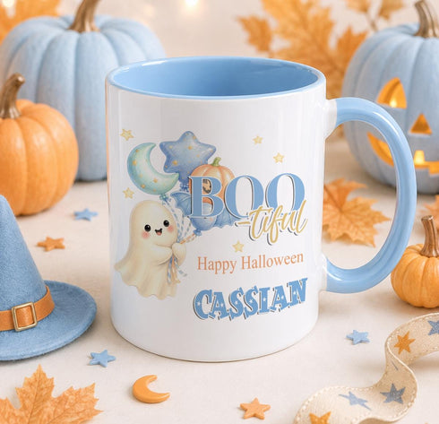Personalised Boo-tiful Halloween ghost balloon mug with blue balloons, custom name boys Halloween coffee mug in blue and orange