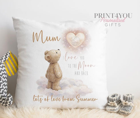 Personalised Teddy Bear Cushion – Soft Polyester Love Cushion Gift for Mum