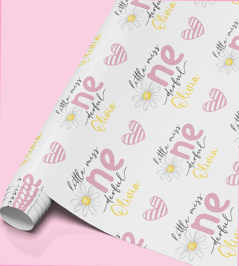 a repeating pattern of pink and white flowers, hearts, and the text "little miss Olivia" on a white background.